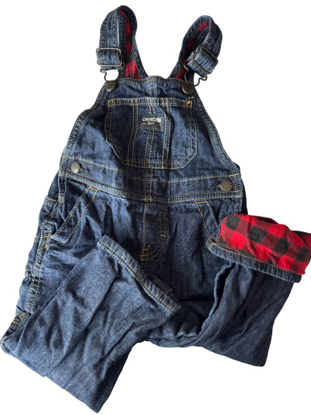 OshKosh Bgosh Denim Overalls 24M 2T Red Plaid Line Adjustable Straps 100% Cotton